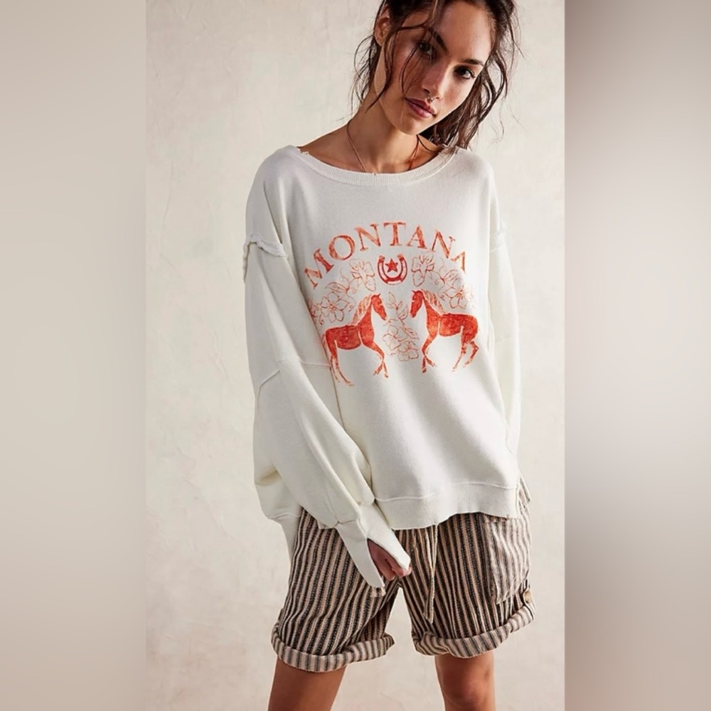 FREE PEOPLE Camden MONTANA Horses Pullover Sweatshirt Oversized Size Small